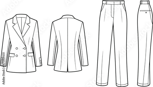 Double-breasted blazer jacket and tailored trousers flat sketch, front, back, side views, vector fashion technical drawing, business casual outfit 
