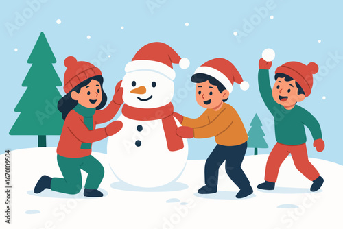  Cute vector illustration of children making a snowman during winter holidays.