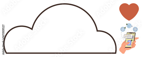 Cloud outline with mobile phone sharing files securely, surrounded by icons for data interaction. Ideal for digital connection, cloud computing, remote storage, technology adoption, online