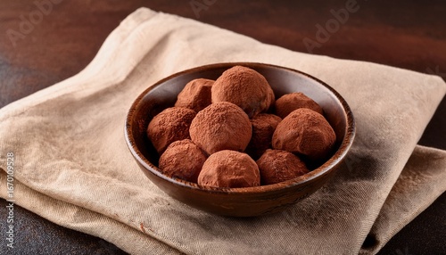 chocolate truffles on a textured surface served in a bowl with a linen napkin