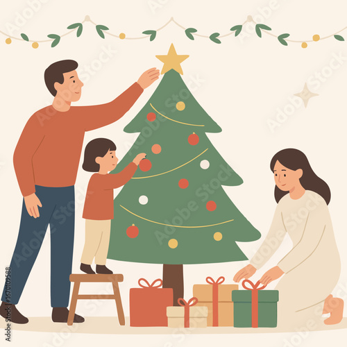  Parents and child decorating a Christmas tree with ornaments and gifts.