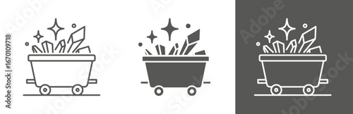 flat and linear set icons, mine cart icon, trolley mine with minerals, mining natural resources, simple symbols on white and black background - editable stroke vector illustration