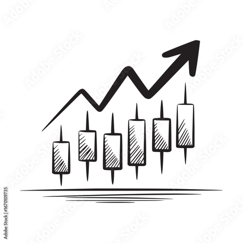 Hand drawn candlestick chart with an upward trend line indicating growth and market analysis
