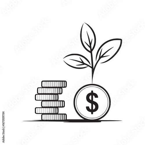 A simple black and white illustration of a plant growing from a dollar coin with a stack of coins beside it