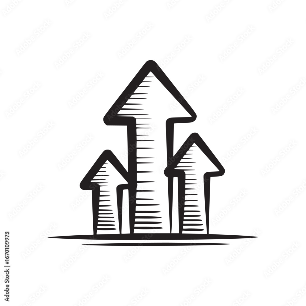 Three upward pointing arrows with horizontal lines inside in a sketch style on white background Three upward pointing arrows with horizontal lines inside in a sketch style on white background