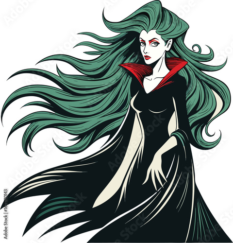 Gothic Witch With Long Flowing Hair In Wind Line Art