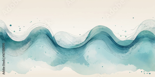 An abstract blue background with a clean, fresh water wave, flowing liquid motion, and transparent bubbles