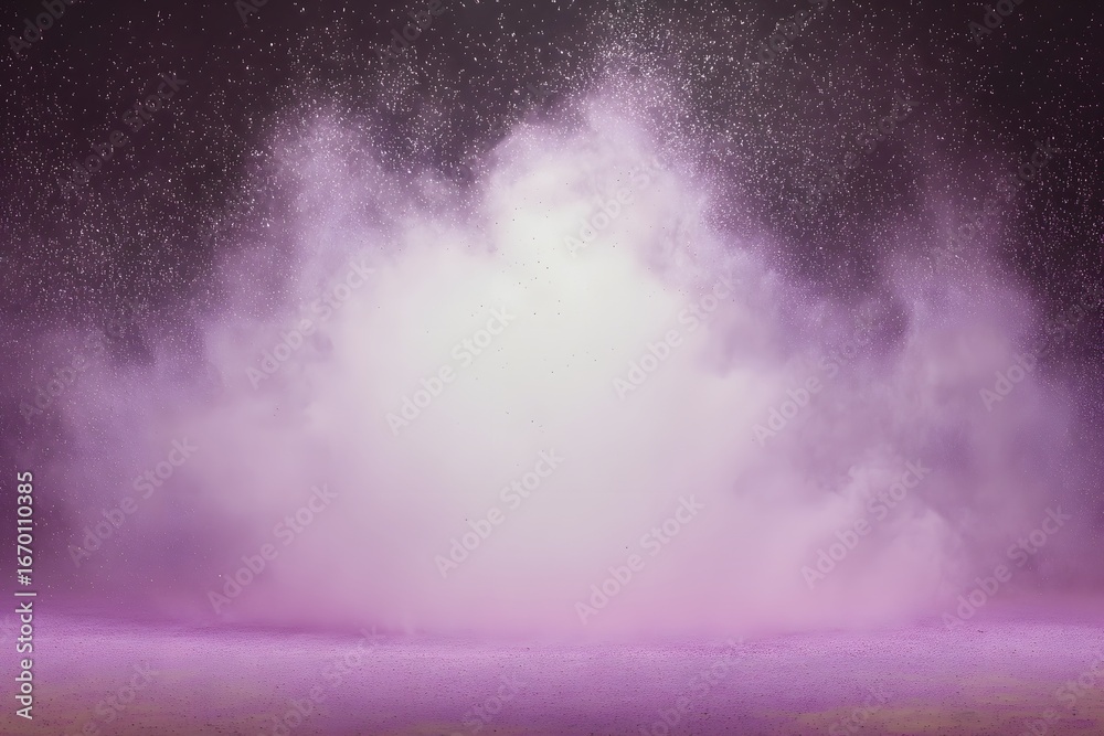 Fototapeta premium Violet glowing dust cloud spreading across background, ethereal effect, center blank