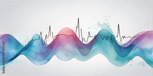Abstract waves of colorful water and snowy mountains create a vibrant summer landscape