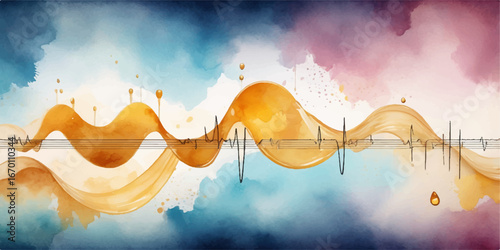 Abstract vector illustration of a summer holiday scene with a watercolor background of the sea and clouds