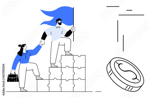 Two people standing atop completed puzzle blocks, holding hands, one waving a flag, with a coin in view. Ideal for teamwork, leadership, success, problem-solving, growth strategy simple landing