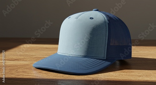 Classic Blue-White Trucker Hat Mock-Up on Wooden Plank