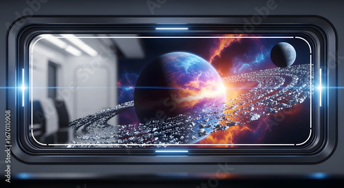 Macro View of a Futuristic Spaceship Window Framing a Colorful Fantasy Planet with Clouds and Rings