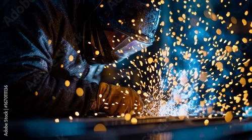 welder at work welding metal with torch in factory workshop	
