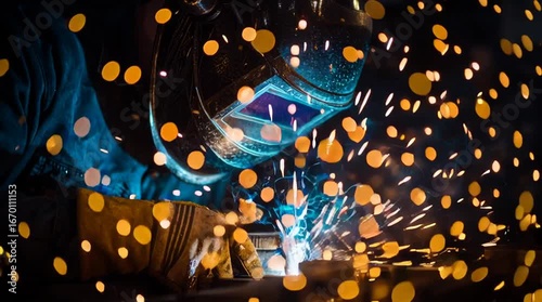 welder at work welding metal with torch in factory workshop	
