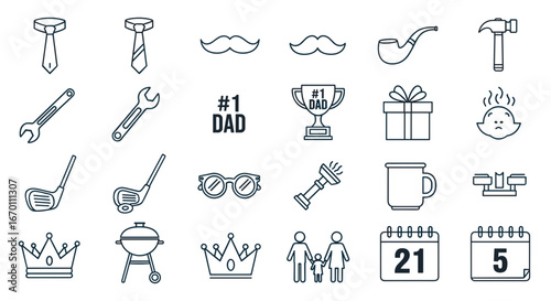 Outlined father's day themed icons arranged in a grid formation style