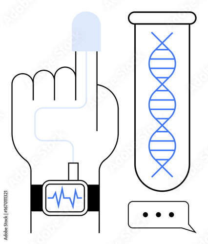 Fingerprint scanner, DNA test tube, smartwatch with heart rate monitor, speech bubble. Ideal for health tracking, biometrics, research, AI, diagnostics communication cybersecurity simple flat