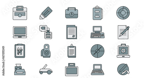 A collection of office supplies and equipment in grayscale illustrations