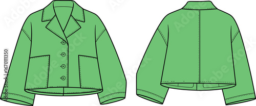 Women’s cropped jacket technical flat sketch with buttons, front and back view, fashion illustration, outerwear design, vector template