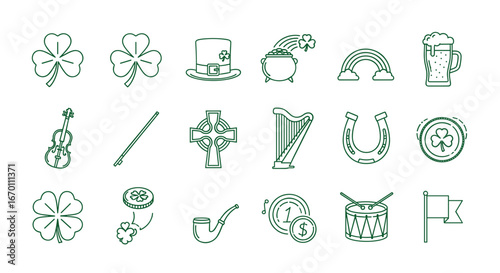 Outline st patrick's day icons including shamrocks, harp and gold pot