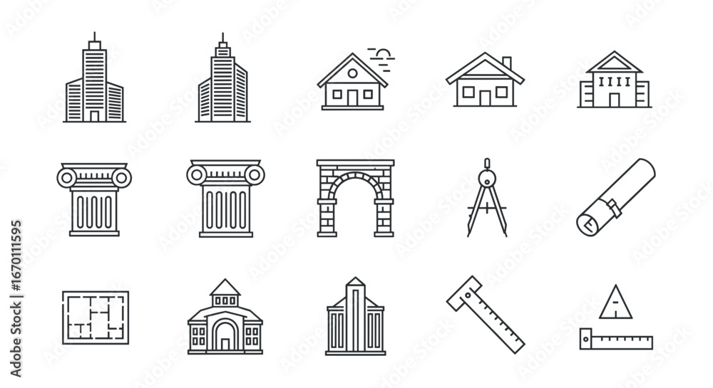 Fototapeta premium Architectural drawings featuring buildings, columns and drafting tools