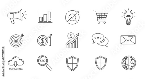 Outline icons representing marketing, seo, and business growth concepts