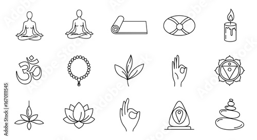 Collection of yoga and meditation related symbols in line art style