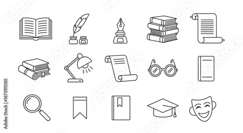 Outline icons depicting education, literature, and theatrical elements