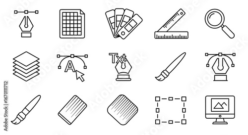 Outline vector icons representing graphic design and editing elements