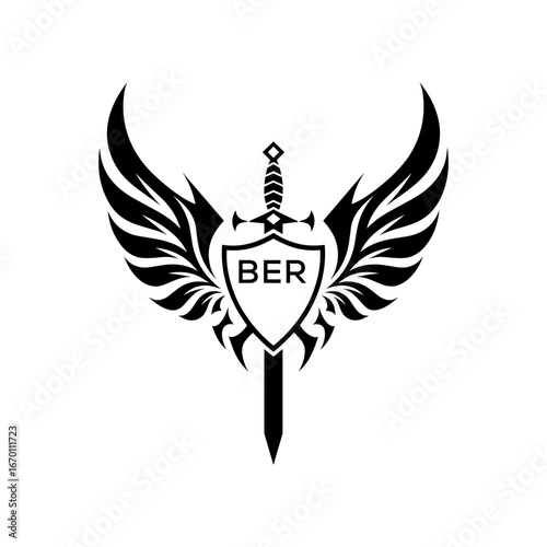 BER "Warrior Shield and Sword Emblem with Wings Logo," BER Later Logo, "Black Tribal Winged Sword Crest Vector,"
