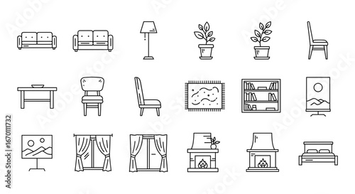 Line art illustration of furniture and decor elements in monochrome style