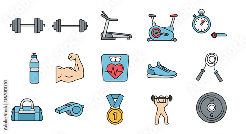 Illustration showing various gym equipment and fitness related accessories