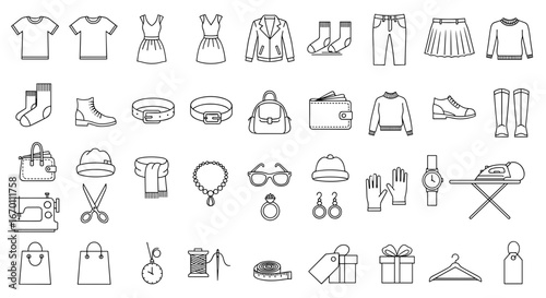 Outline drawing of assorted clothing items and fashion accessories laid out