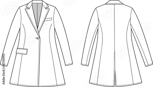 Women's single-button coat flat sketch, vector fashion template, front and back view, outerwear technical drawing, stylish winter design