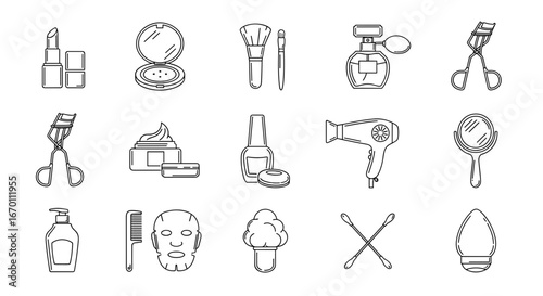 Outline drawing of beauty and personal care products in a set of icons