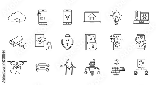 Outline drawing of smart home devices and technology related objects