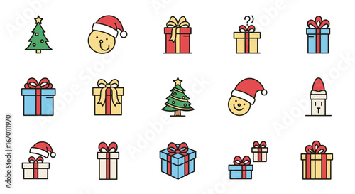 A festive array of christmas trees presents and santa hat adorned faces