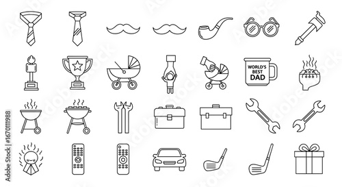 Outlined icons depicting fatherhood and masculine associated objects