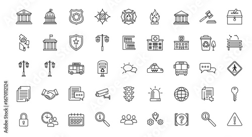 Collection of various public service and city related outline icons set