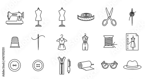 Illustration of sewing and tailoring tools and accessories in black outline