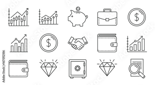 Illustration of financial icons including charts coins and investments