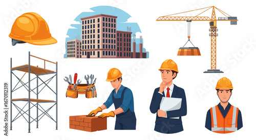 Construction scene featuring a crane, building, worker and a set of tools