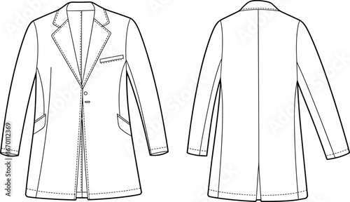 Women's two-button coat flat sketch, technical fashion drawing, front and back vector template, outerwear design, stylish winter apparel