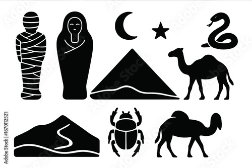 Ancient Egyptian Icons Silhouettes with Mummy, Pyramid, and Camel