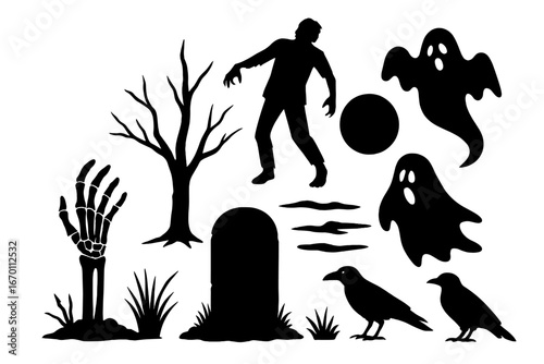 A spooky Halloween silhouette collection featuring various elements like zombies, ghosts, crows, and graves.