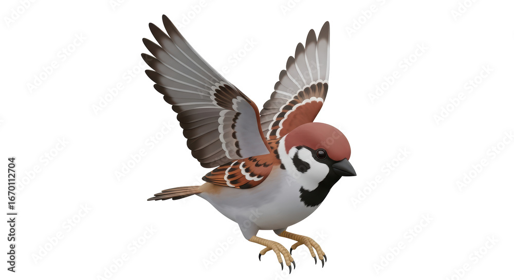 Fototapeta premium Isolated Eurasian Tree Sparrow Flying 3D Render