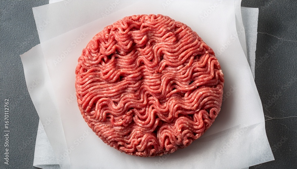 Fototapeta premium ground beef arranged in a circular pile on white parchment paper