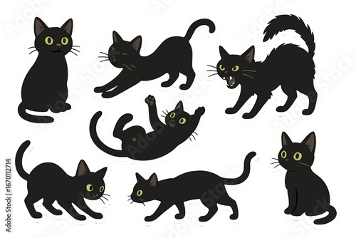 A collection of charming black cats in various playful poses, each exuding a unique personality and charm