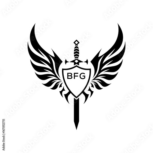 Fotografie BFG Warrior Shield and Sword Emblem with Wings Logo, BFG Later Logo, Black Tr