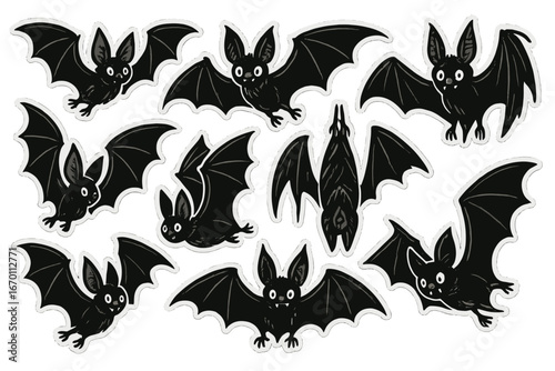 A collection of cartoon bats in various poses, perfect for Halloween themed projects or spooky designs